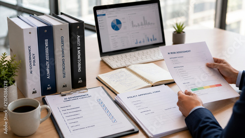 Office desk with AI governance compliance documents and business paperwork