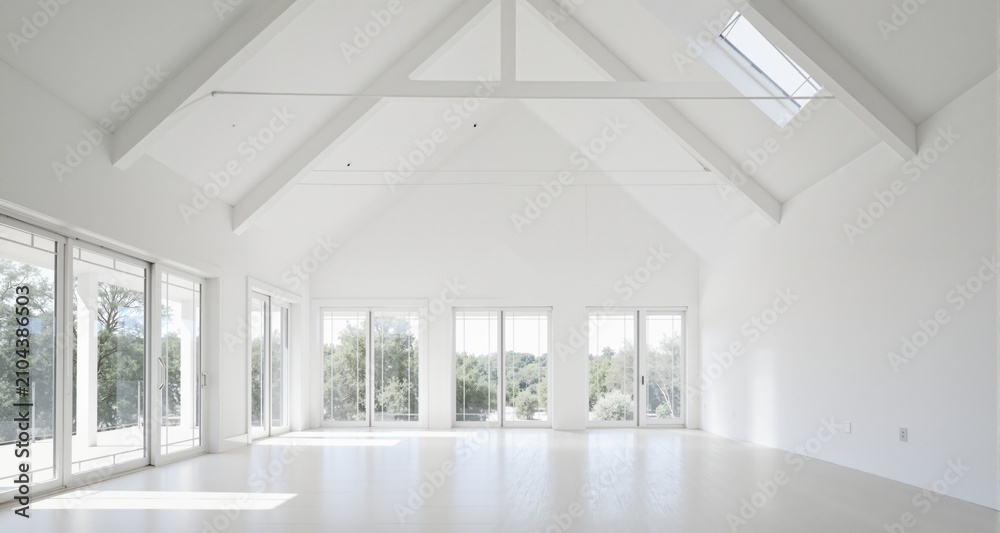 Fototapeta premium sunlit expansive white room showcasing impressive ceiling height 