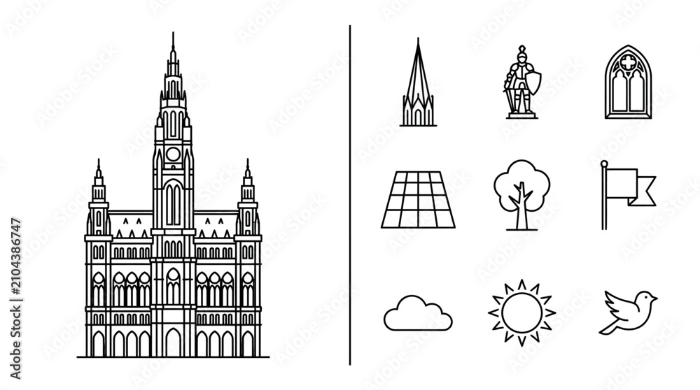 Obraz premium Vienna City Hall and Architectural Icon Set Line Art