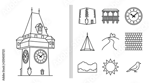 Graz Clock Tower Landmark Icon Set in Minimalist Line Art Style