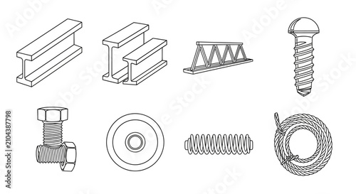 Industrial construction hardware icons, set of 8 steel engineering components, metal girders and mechanical fasteners, technical line art vector