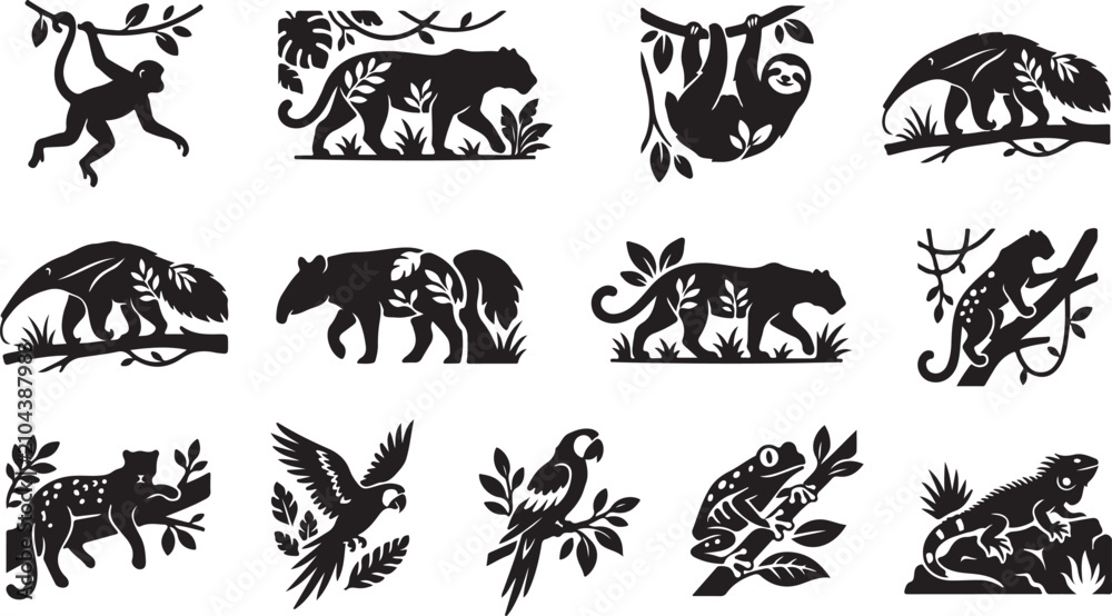 Fototapeta premium Black and white jungle animal silhouettes including monkeys, leopards, sloths, anteaters, parrots, frogs, and lizards on white background