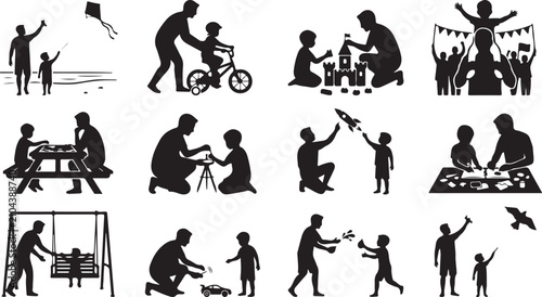 Foto Collection of black silhouette depicting fathers and children participating in r