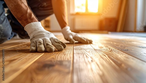 Hands in white work gloves installing new wooden floor planks in room with warm sunlight streaming through window