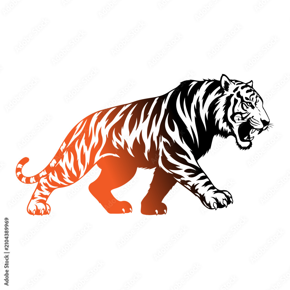 Obraz premium Majestic Tiger Silhouette Vector Icon - Wild Cat Standing Side View, Bengal Tiger Profile for Logo Design, Predator Spirit Animal, Tattoo Stencil, Jungle Wildlife Black Graphic Isolated on White