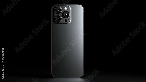 Sleek black smartphone with triple camera set against a dark background, showcasing modern design and technology