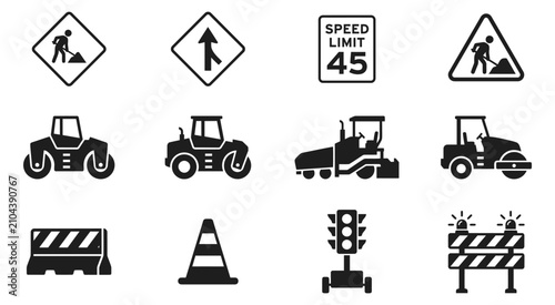 Foto Construction signs equipment vector illustrator editable road work speed limit h
