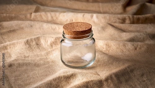 Empty Glass Jar With Cork Lid On Beige Linen