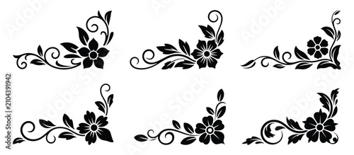 Decorative Black Floral Corner Silhouette Vector Set Botanical Ornament Collection.