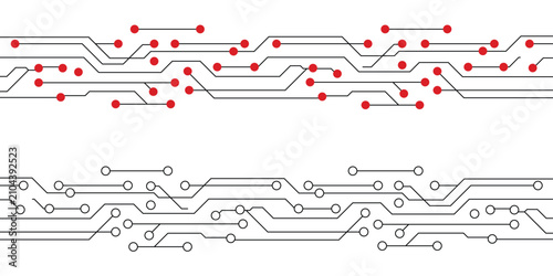 Bild auf Leinwand Circuit board seamless horizontal borders, tech network line patterns with red and white nodes, electronic motherboard traces abstract vector illustration