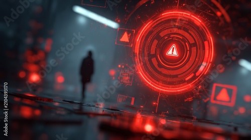 Glowing red digital warning symbol hovering over a dark wet street with a blurred silhouette figure