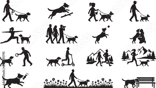 Canvastavla Set of black silhouette depicting people and dogs engaged in daily activities li