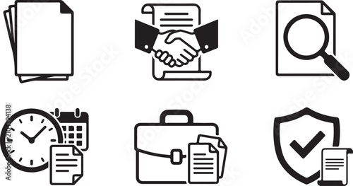 Six business icons showing document, handshake, search, schedule, briefcase, and security Vector