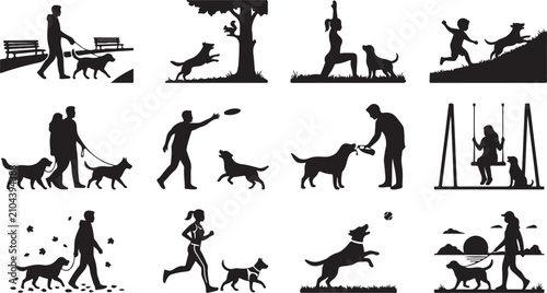 Foto Set of black silhouettes featuring people and dogs engaged in outdoor activities