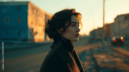 Woman in profile at sunset with warm light illuminating her face and city background