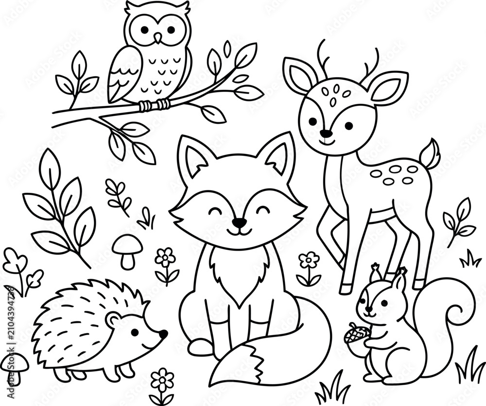 Naklejka premium A charming black and white coloring page featuring a group of friendly woodland animals including a fox, deer, owl, hedgehog, and squirrel in nature.