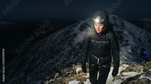 Female mountaineer climbing a snowy ridge at night with a headlamp. Woman climber on an extreme winter expedition ascending a mountain peak