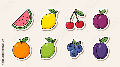 Flat vector fruit sticker set with watermelon, lemon, cherry, plum, orange, lime, and blueberry