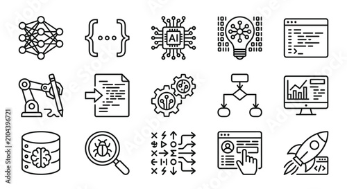 Corporate Black and White Line Icons Set Featuring AI Coding Robotics Data Analysis and Tech Innovation Concepts