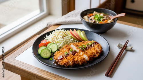 Foto Crispy chicken katsu with sauce is served on a plate alongside shredded cabbage, cucumbers, apple slices, and a bowl of hot miso soup