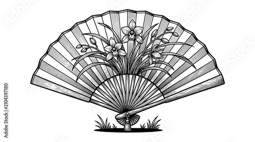 Traditional folding fan with floral branch decoration.
