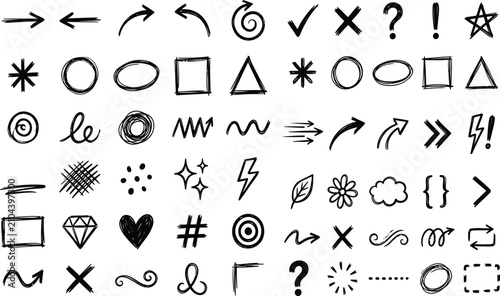 Sketchy arrow set with pen, crayon and chalk effects. Hand drawn style with brush and pencil strokes. Flat vector illustration isolated on white. Distressed rough texture for creative design.