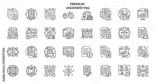 Set of premium underwriting line art vector icons for financial services.
