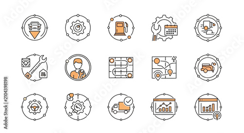 Automotive maintenance and logistics service icons for vehicle repair.