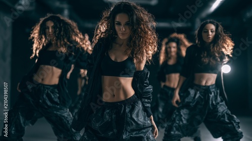 Group of female dancers in stylish black outfits performing hip hop choreography