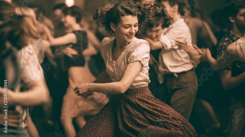 Vintage couple dancing swing at a lively retro party with energetic movement