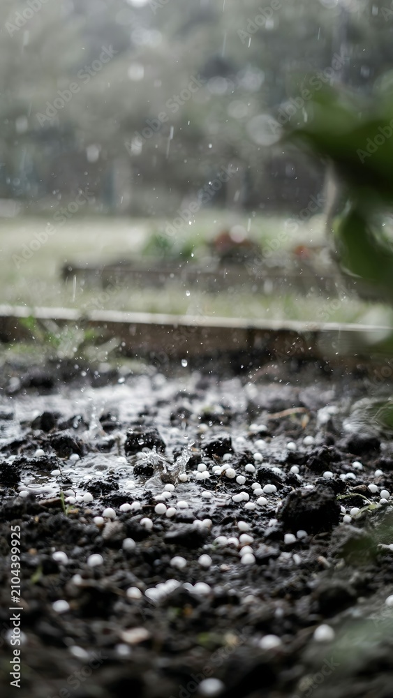 Fototapeta premium Close-up of raindrops hitting muddy ground during heavy rainstorm