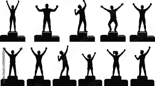 Black silhouettes of winners standing on victory podiums