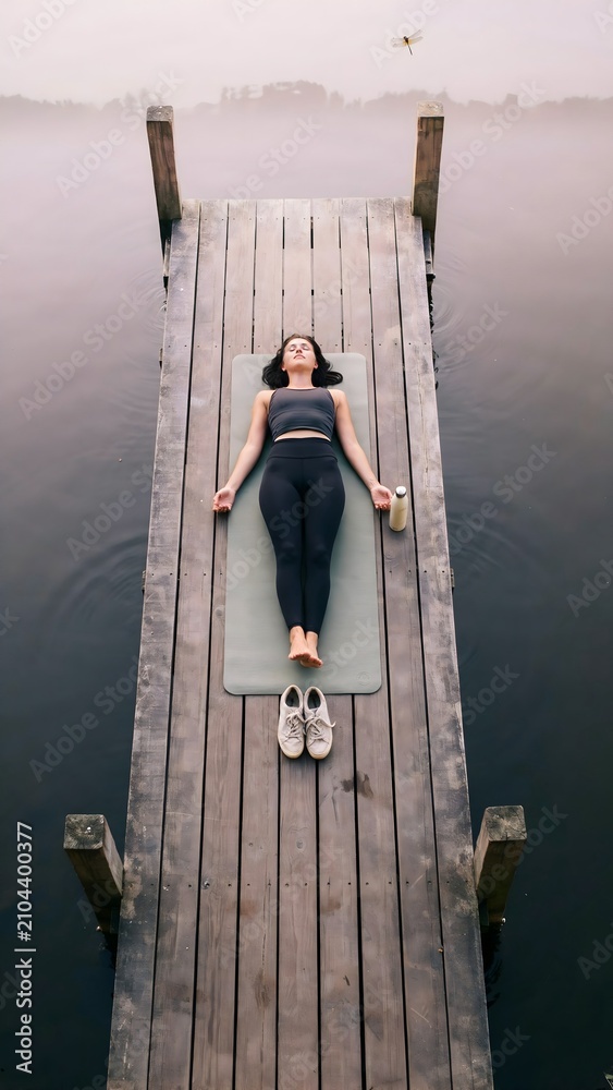 Fototapeta premium Woman Relaxing on Wooden Dock by Calm Water During Morning Light