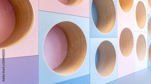A colorful wall design featuring circular cutouts set in pastel tones and natural wood textures
