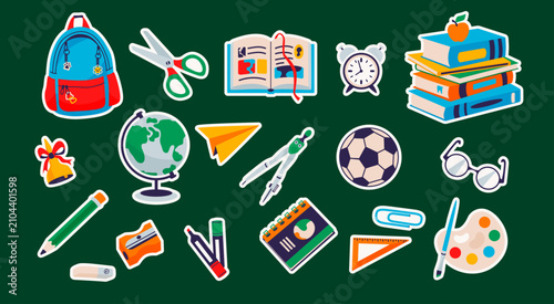 Back to school stickers set with school supplies. Cute cartoon vector illustration of backpack, books, pencil, globe, stationary icons isolated on green chalkboard background