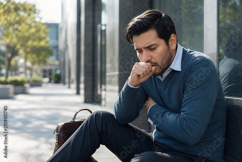 Stressed businessman sitting on the ground outside office building coughing and feeling ill
