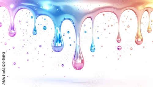 Pastel colorful liquid drops dripping down on white background 白背景にカラフルなパステルカラーの液体が美しく滴るトップボーダー素材