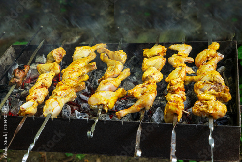 Shish kebab made from marinated pork, lamb, chicken, and fish is cooked over coals in a metal grill. Juicy pieces of meat on skewers and in a grill are covered with fragrant smoke, creating an
