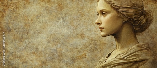 Profile portrait of a woman against a textured background.