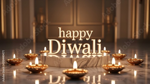 Elegant Golden Happy Diwali Festival Celebration Background Featuring Glowing Traditional Oil Lamps and Luxury Marble Podium Display