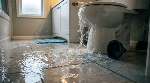 Overflowing toilet flooding a bathroom floor with water