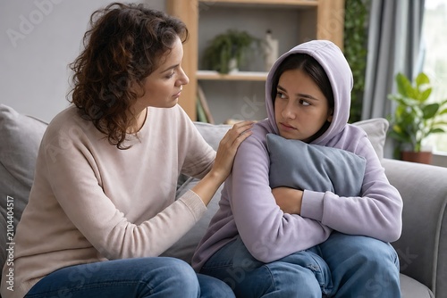 Caring mother comforting her sad teenage daughter sitting on a sofa in a cozy living room
