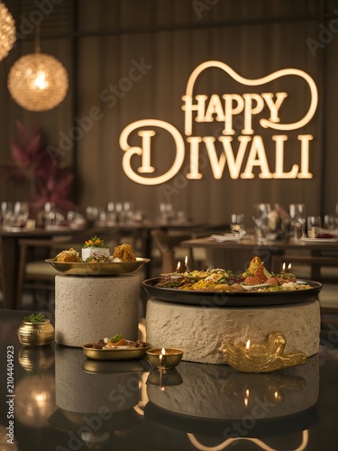 Luxury Happy Diwali Celebration Featuring Traditional Indian Sweets and Radiant Decorative Oil Lamps in a Sophisticated Elegant Dining Room Setting
