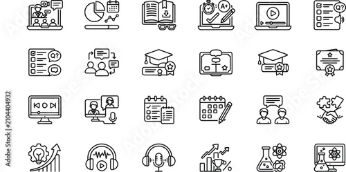 Foto A comprehensive collection of black and white line art icons depicting various c