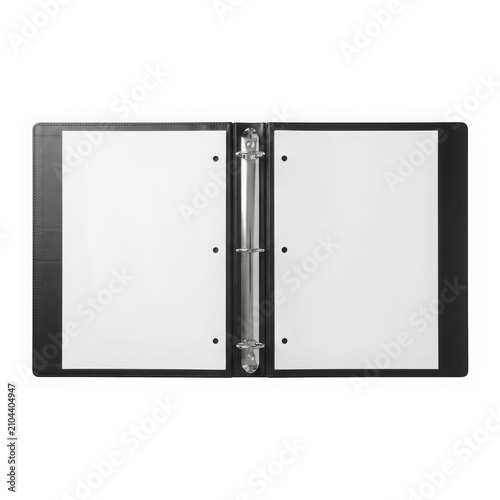 Open black three ring binder with blank white paper sheets inside