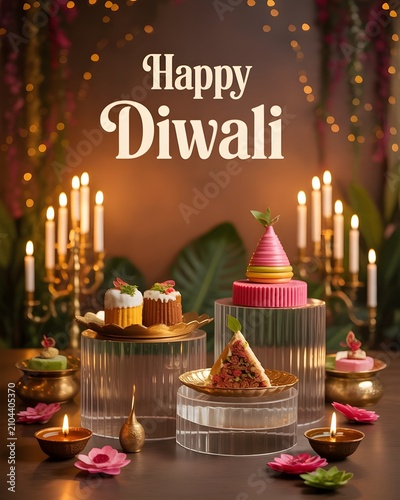 Elegant Indian Festival Celebration Featuring Gourmet Traditional Sweets Arranged on Glass Pedestals with Glowing Candles and Festive Decor