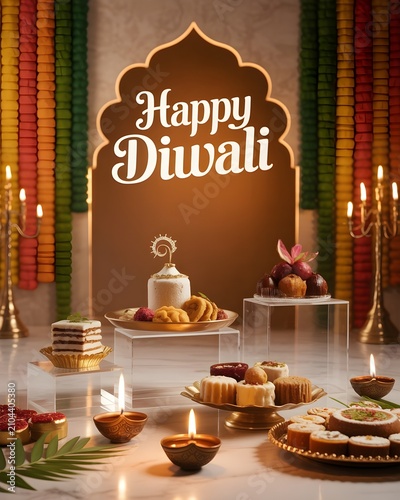 Premium Happy Diwali Sweets Showcase Featuring Traditional Indian Dessert Platters and Decorative Oil Lamps for Festive Celebration Background