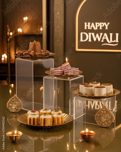 Premium Happy Diwali Sweets Showcase Featuring Traditional Indian Confections on Elegant Acrylic Display Stands