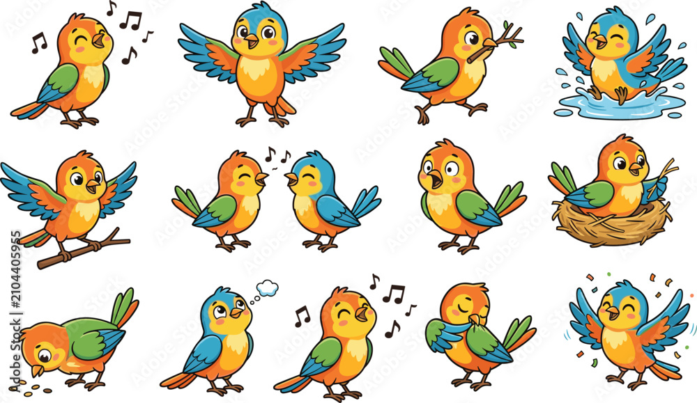Fototapeta premium Cute Cartoon Bird Activities Vector Collection with Adorable Songbird Character Poses