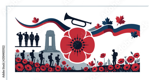 Tableau sur toile Canada Remembrance Day Patriotic Banner Featuring Red Poppy Flower, Military Sol